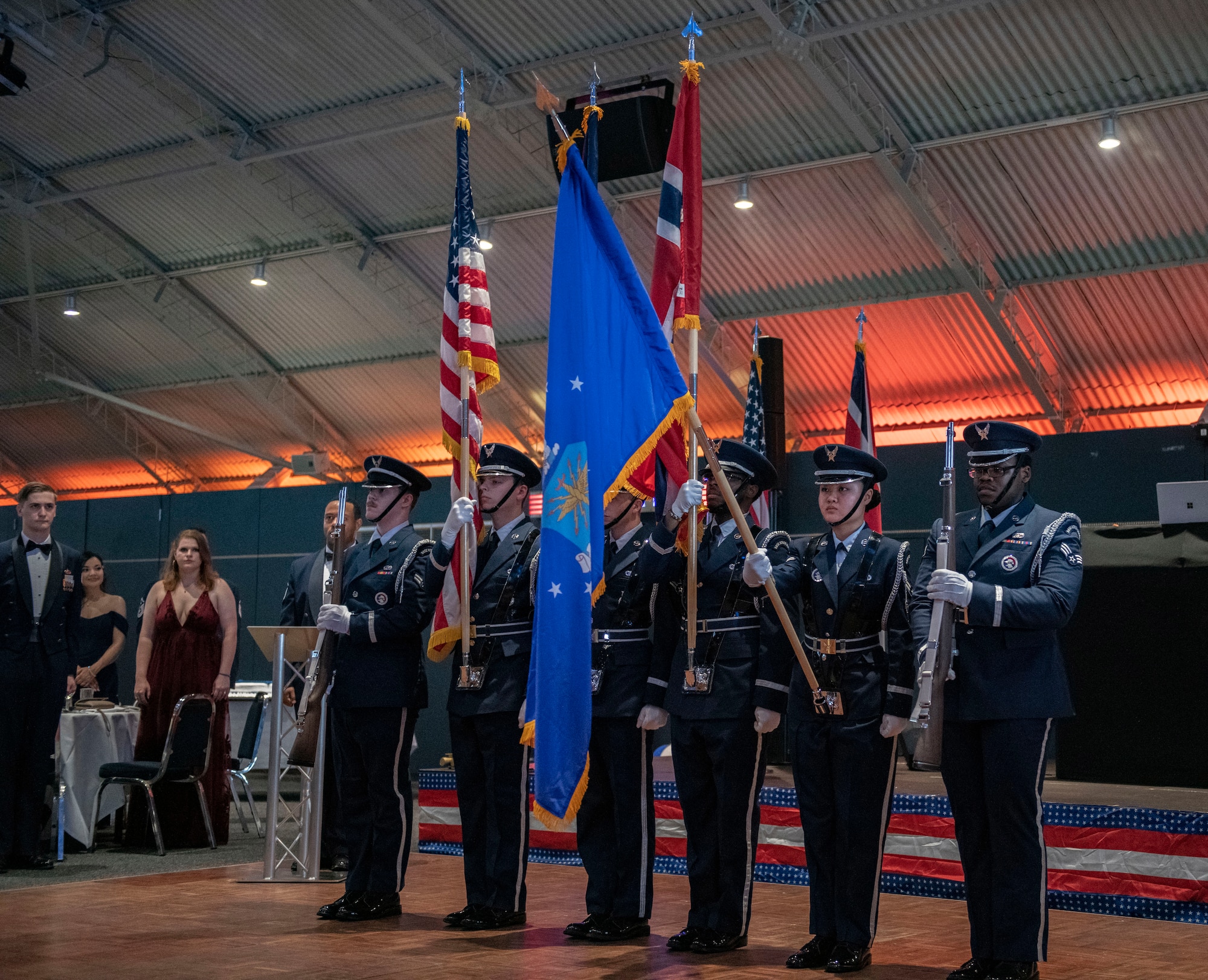 The 501st Combat Support Wing Honor Guard presents the colors at Sywell Aerodrome