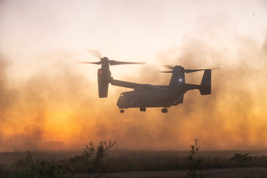 A U.S. Marine Corps MV-22B Osprey assigned to Marine Medium Tiltrotor Squadron 164, Marine Aircraft Group 39, 3rd Marine Aircraft Wing, prepares to land at Marine Corps Base Camp Pendleton, California, Sept. 26, 2023. Members of 2nd Battalion, Royal Australian Regiment, worked alongside 1st Reconnaissance Battalion, 1st Marine Division, to execute a reconnaissance and surveillance insert from Camp Pendleton to Marine Corps Air Ground Combat Center Twentynine Palms, California, as part of a bilateral training exercise developed to strengthen the relationship, mission readiness and interoperability between 2RAR and 1st Recon Bn. (U.S. Marine Corps photo by Sgt.  Taylor)