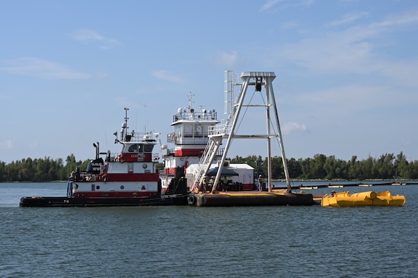 The U.S. Army Corps of Engineers (USACE) New Orleans District started augmenting an underwater sill in the Mississippi River to slow progression of salt water upstream, October 1, 2023. USACE continues to closely monitor, survey and model conditions on the river with regards to potential impacts on both navigation and saltwater intrusion from the Gulf of Mexico. Researchers from the U.S. Army Engineer Research and Development Center are assisting in assessment and mitigation efforts. (U.S. Army Corps of Engineers photo by Ryan Labadens)