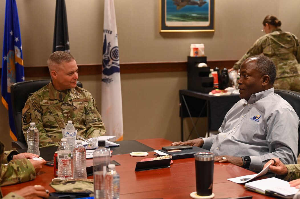 U.S. Air Force Lt. Gen Timothy Haugh, deputy commander of United States Cyber Command, talks with Angelo State University President, Lt. Gen. (Ret) Ronnie D. Hawkins Jr., Goodfellow Air Force Base, Texas, Oct. 10, 2023. Haugh sat down with ASU members to discuss how the intelligence fields on the civilian and Department of Defence can support each other's cyber security programs. (U.S. Air Force photo by Airman 1st Class Zach Heimbuch)