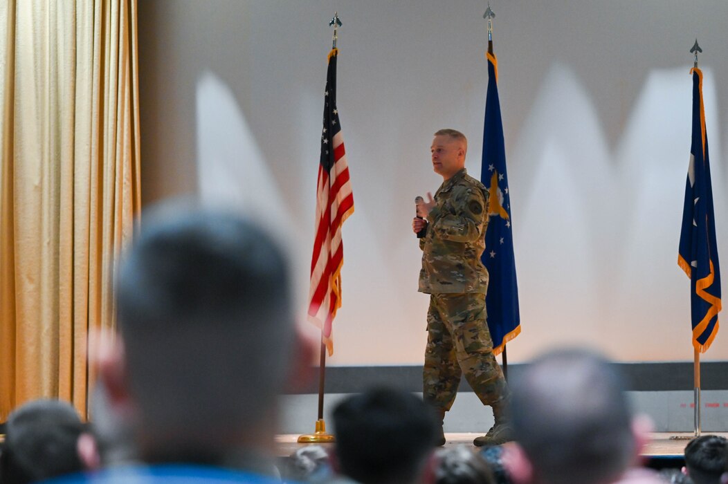 U.S. Air Force Lt. Gen. Timothy Haugh, deputy commander of United States Cyber Command, speaks at an all-call at Goodfellow Air Force Base, Texas, Oct. 10, 2023. During the all-call Haugh answered questions Airmen had about the future of the intelligence field. (U.S. Air Force photo by Airman 1st Class Zach Heimbuch)