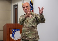 Lt. Gen. Robert Miller, U.S. Air Force Surgeon General, discusses the impact of the 59th Medical Wing at Wilford Hall Ambulatory Surgical Center, Joint Base San Antonio-Lackland, Texas, Oct. 11, 2023. The 59th Medical Wing is the only medical wing in the U.S. Air Force and is responsible for training all AF medics and providing direct medical support to the AF basic training mission. (U.S. Air Force photo by Senior Airman Melody Bordeaux)