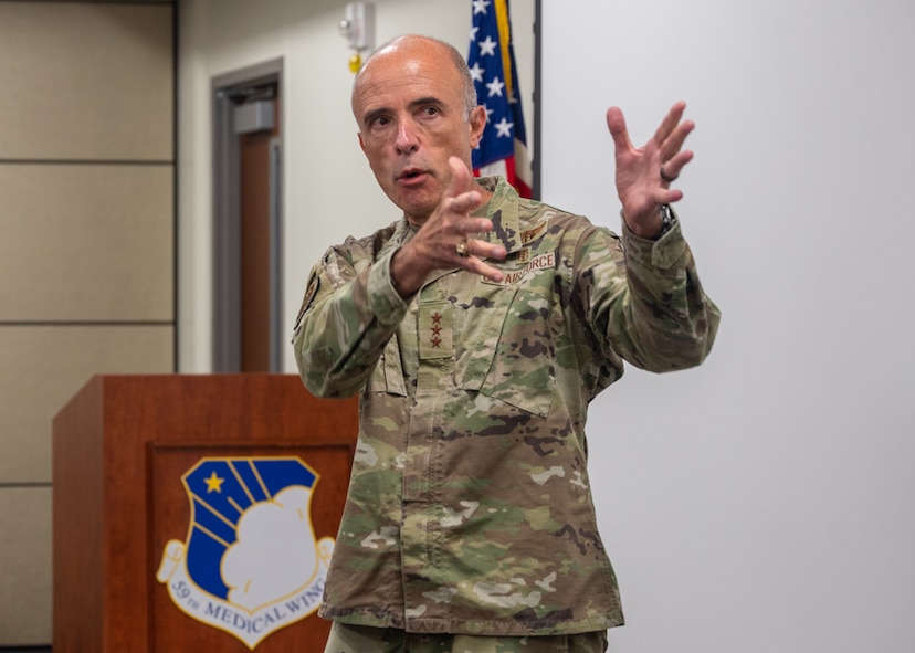 Lt. Gen. Robert Miller, U.S. Air Force Surgeon General, discusses the impact of the 59th Medical Wing at Wilford Hall Ambulatory Surgical Center, Joint Base San Antonio-Lackland, Texas, Oct. 11, 2023. The 59th Medical Wing is the only medical wing in the U.S. Air Force and is responsible for training all AF medics and providing direct medical support to the AF basic training mission. (U.S. Air Force photo by Senior Airman Melody Bordeaux)