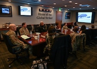 U.S. Air Force Vice Chief of Staff Gen. David Allvin watches a mission brief video with 5th Bomb Wing and 91st Missile Wing leaders during a visit to Minot Air Force Base, North Dakota, Oct. 11, 2023. Allvin visited the installation to gain a better understanding of Team Minot’s key role in the nation’s nuclear deterrence mission. (U.S. Air Force photo by Airman 1st Class Kyle Wilson)