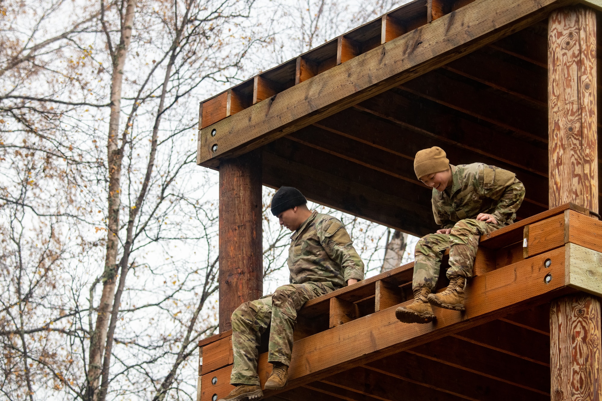 U.S. Army Soldiers assigned to the 95th Chemical Company, 17th Combat Sustainment Support Battalion, 2nd Infantry Brigade Combat Team (Airborne), 11th Airborne Division, compete in an obstacle course at Joint Base Elmendorf-Richardson, Alaska, Oct. 5, 2023.