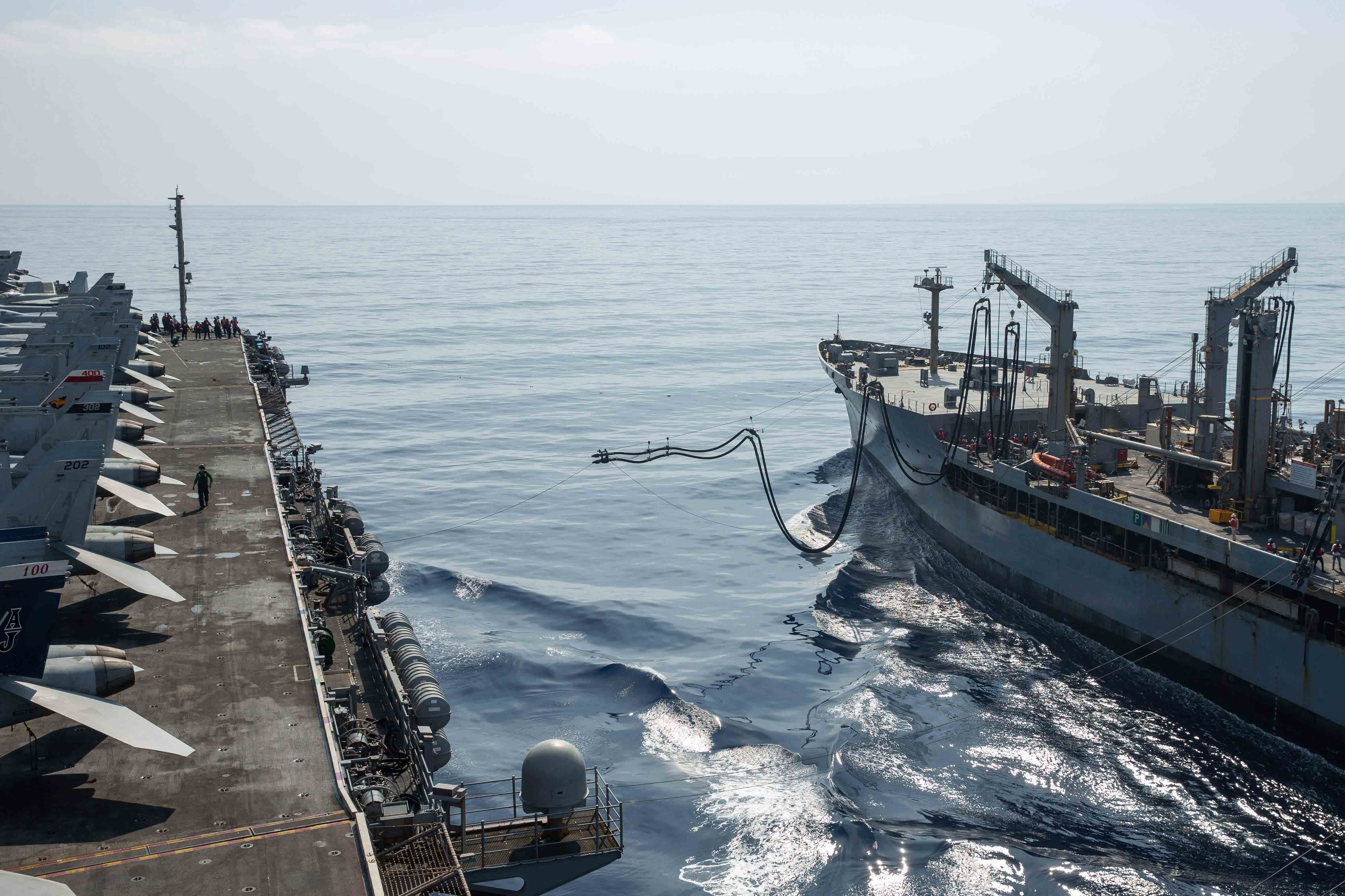 USS Gerald R. Ford (CVN 78) refuels from USNS Laramie (T-AO 203) in the eastern Mediterranean Sea.