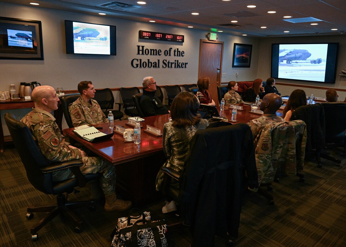 U.S. Air Force Vice Chief of Staff Gen. David Allvin watches a mission brief video with 5th Bomb Wing and 91st Missile Wing leaders during a visit to Minot Air Force Base, North Dakota, Oct. 11, 2023. Allvin visited the installation to gain a better understanding of Team Minot’s key role in the nation’s nuclear deterrence mission. (U.S. Air Force photo by Airman 1st Class Kyle Wilson)