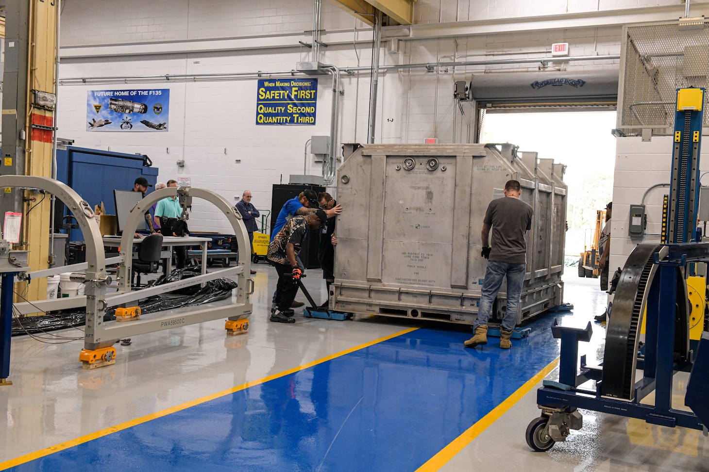 Fleet Readiness Center Southeast (FRCSE) recently received its first F135 Power Module (PM). The PM is one of the five major modules that make up the propulsion system that powers the F-35 Lightning II Joint Strike Fighter. (U.S. Navy Photo by Toiete Jackson/Release)
