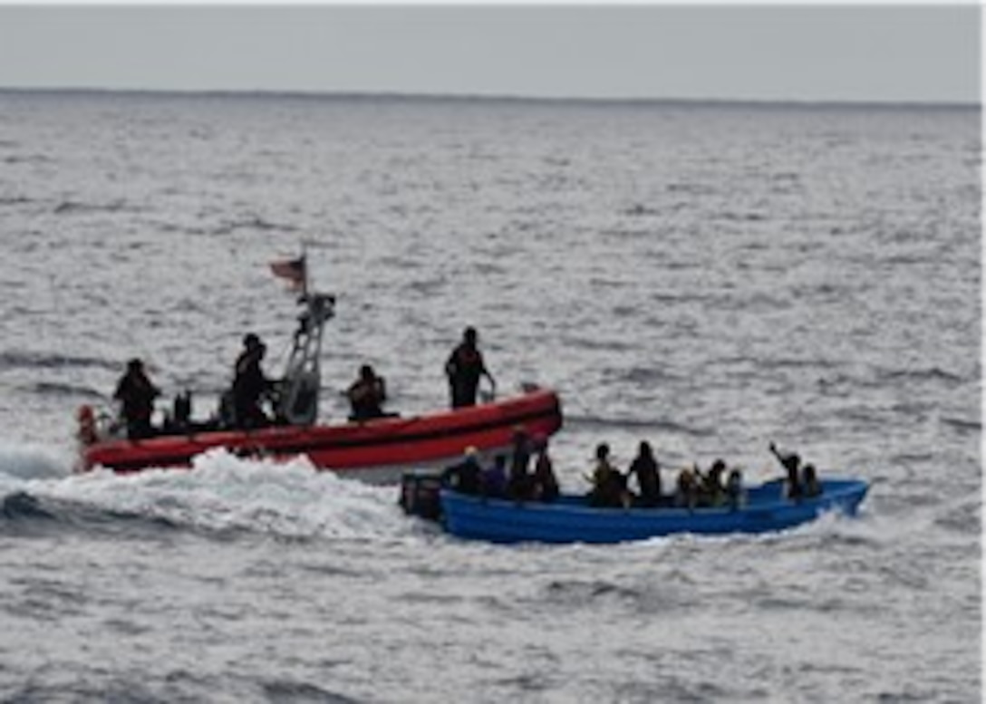 Coast Guard Cutter Joseph Napier’s cutter boat interdicts an unlawful irregular migration voyage with 21 migrants in Mona Passage waters off Aguadilla, Puerto Rico, Oct. 9, 2023.  The interdiction was carried out in conjunction with Customs and Border Protection air and surface units.  The migrants in this group were repatriated to the Dominican Republic Oct. 11, 2023. (U.S. Coast Guard photo by Ensign John H. Harris, Coast Guard Cutter Joseph Napier operations officer.