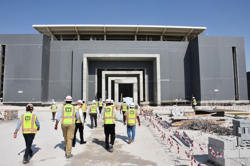 U.S. Army Corps of Engineers Transatlantic Division and Transatlantic Middle East District leaders and professionals conduct a site visit of the Falcon 5/F-15QA Beddown facilities and infrastructure project ongoing in Qatar, Oct. 19. (U.S. Army photo by Catherine Carroll, U.S. Army Corps of Engineers Transatlantic Division public affairs office)