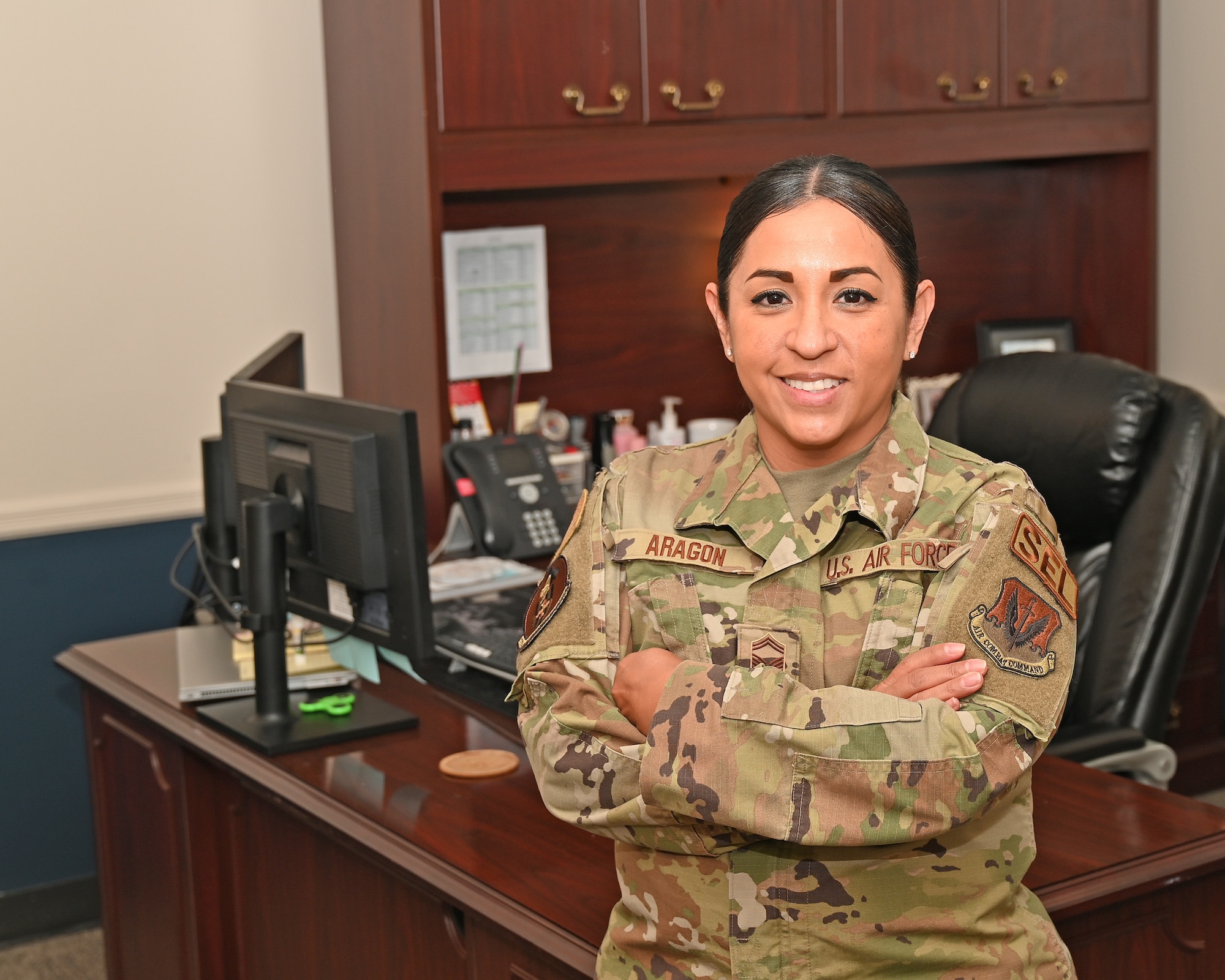 Maryland Air National Guard Senior Master Sgt. Monica Aragon, 175th Logistics Readiness Squadron senior enlisted leader, poses for a photograph at Martin State Air National Guard Base, Middle River, Md., October 11, 2023.