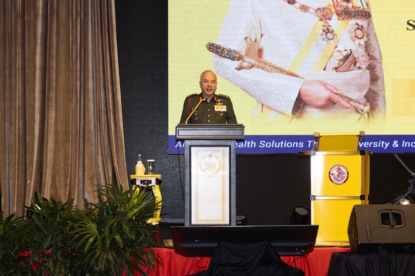 Sultan of Perak Sultan Nazrin Shah, the colonel-in-chief of the Royal Medical and Dental Corps, gives the royal keynote address during the opening ceremony at Indo-Pacific Military Health Exchange 2023 in Kuala Lumpur, Malaysia, September 26, 2023.