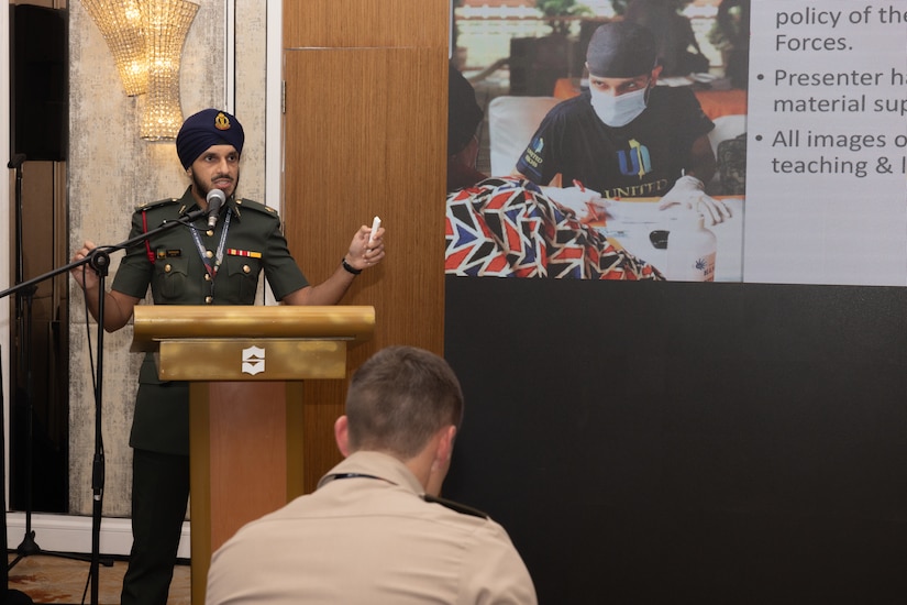 A Malaysian Armed Forces service member gives a lecture during Indo-Pacific Military Health Exchange 2023 in Kuala Lumpur, Malaysia, September 27, 2023.