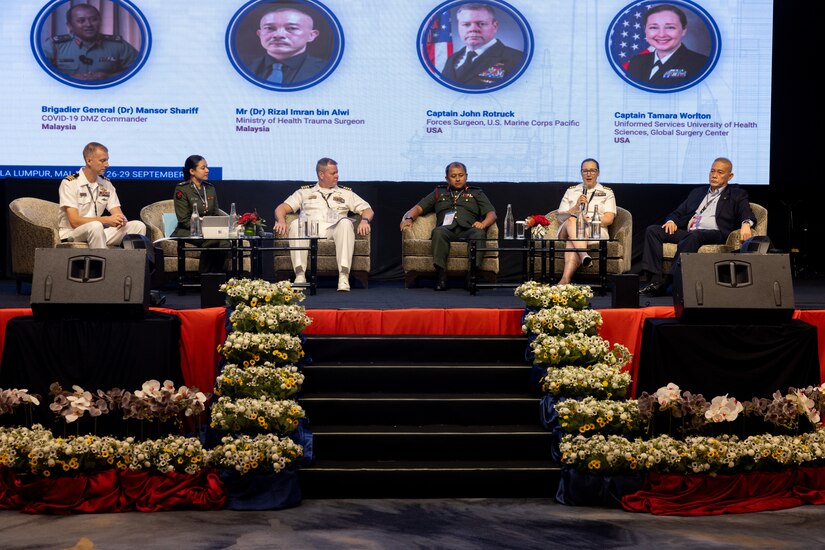 Panelists representing Malaysia, Australia, the United States of America, and Singapore, discuss "Fostering and integrating Future Healthcare Innovation" during Indo-Pacific Military Health Exchange 2023 in Kuala Lumpur, Malaysia, September 28, 2023. I