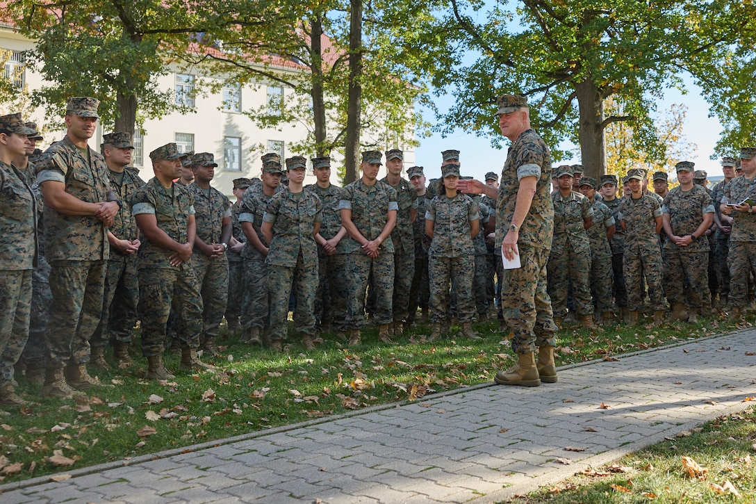 U.S. Marine Corps Maj. Gen. Robert B. Sofge Jr., commander of U.S. Marine Corps Forces, Europe and Africa (MARFOREUR/AF), addresses Marines and Sailors at MARFOREUR/AF during an all hands formation at U.S. Army Garrison Panzer Kaserne in Boeblingen, Germany, Oct. 13, 2023. The all hands formation allowed Maj. Gen. Sofge to commend the Marines and Sailors at MARFOREUR/AF for their significant accomplishments and valuable contributions to the command. (U.S. Marine Corps photo by Lance Cpl. Mary Linniman)