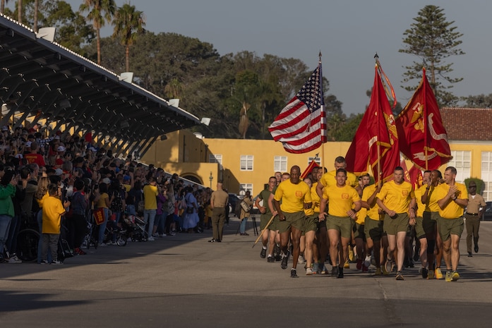 U.S. Marine Corps Brig. Gen. James A Ryans II, commanding general of Marine Corps Recruit Depot San Diego and the Western Recruiting Region, front left, along with leaders of Recruit Training Regiment, lead a motivational run for Echo Company, 2nd Recruit Training Battalion, at MCRD San Diego, Oct. 12, 2023. The motivational run is the last physical training exercise Marines conduct while at MCRD San Diego. (U.S. Marine Corps photo by Cpl. Alex Devereux)