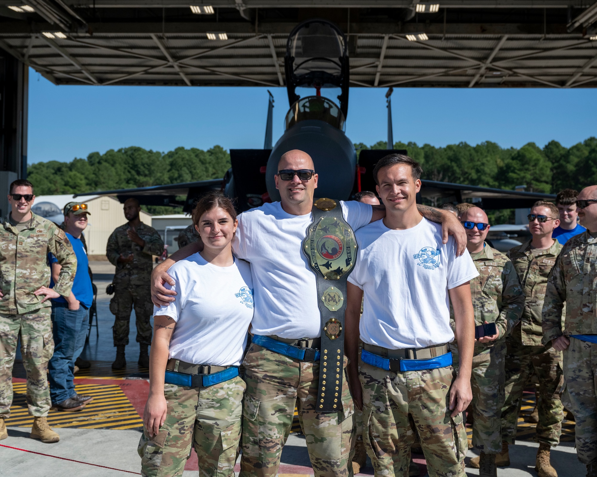 Airmen assigned to the 334th Fighter Generation Squadron pose for a photo after a dedicated eagle keeper competition at Seymour Johnson Air Force Base, North Carolina, Oct. 13, 2023. The 334th FGS were the winners of the dedicated eagle keeper competition. (U.S. Air Force photo by Senior Airman David Lynn)