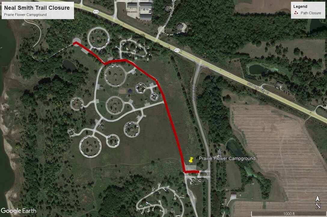 A map showing the portion of the Neal Smith Trail that will be closed inside Prairie Flower Campground at Saylorville Lake.