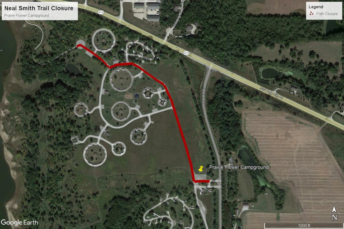 A map showing the portion of the Neal Smith Trail that will be closed inside Prairie Flower Campground at Saylorville Lake.