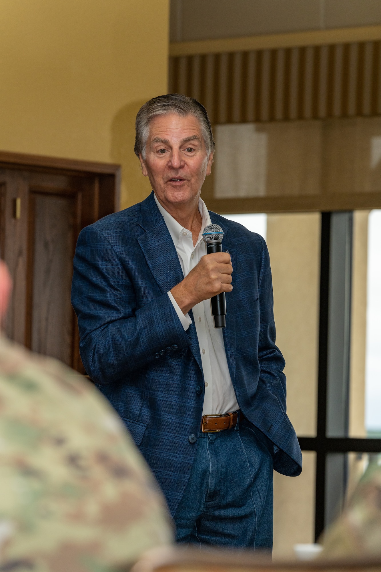 Mayor Andrew “FoFo” Gilich, Biloxi, Mississippi mayor, speaks to attendees of the Mississippi Cyber Initiative Summit at Keesler Air Force Base, Mississippi, Oct. 12, 2023.