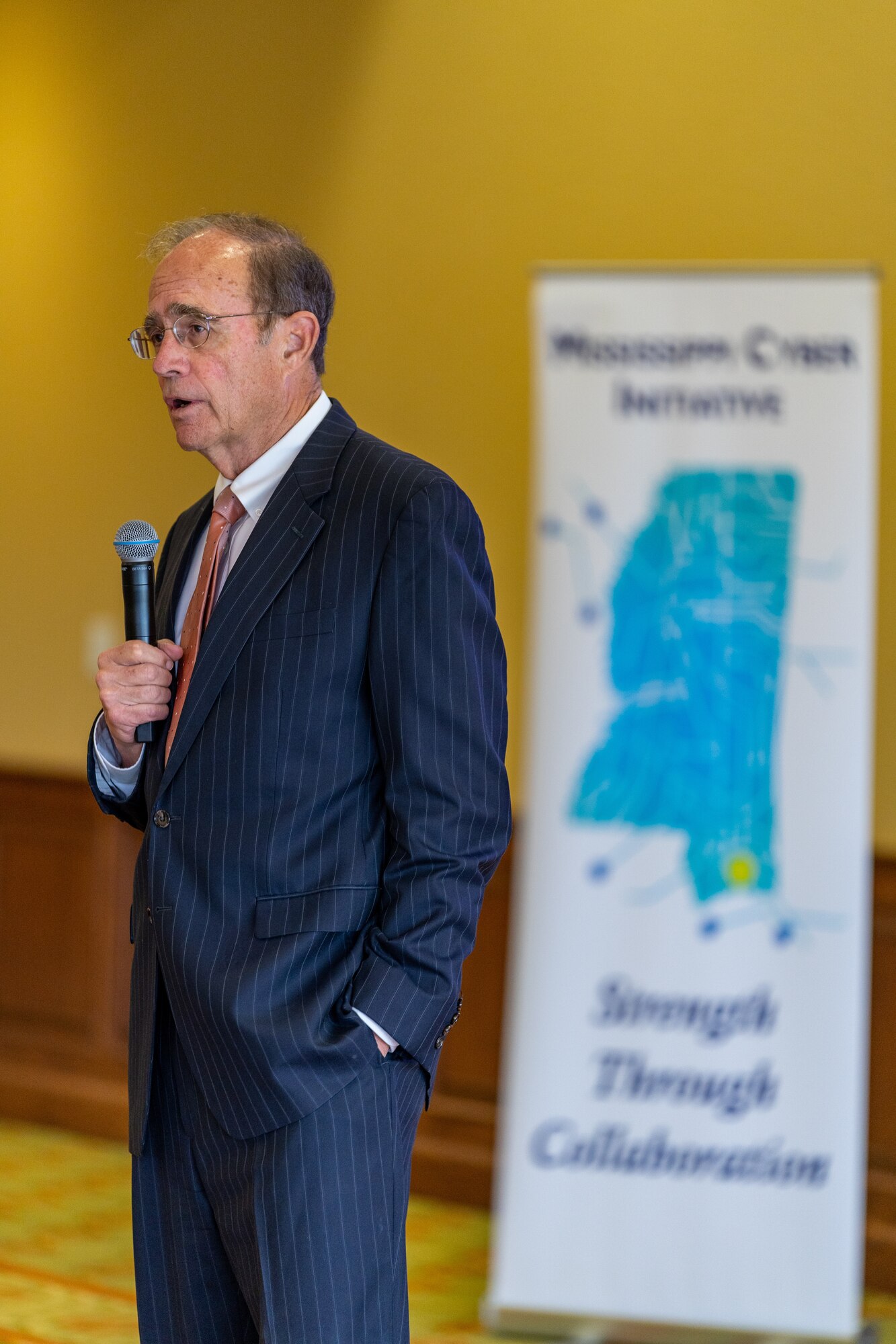 Honorable Delbert Hosemann, Mississippi Lt. Gov., speaks to attendees of the Mississippi Cyber Initiative Summit at Keesler Air Force Base, Mississippi, Oct. 12, 2023.