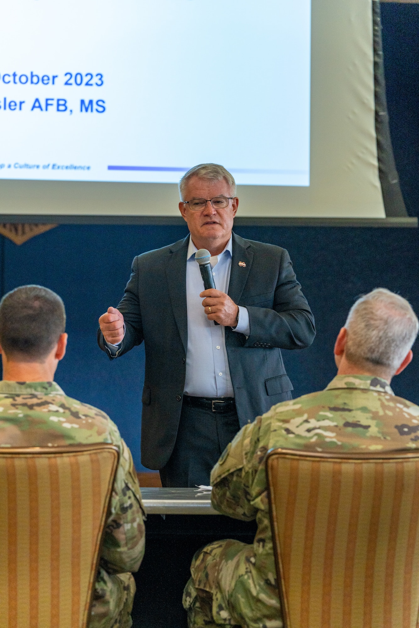 James Martin, Mississippi State University associate vice president for corporate engagement and economic development, welcomes and gives opening remarks to attendees of the Mississippi Cyber Initiative Summit at Keesler Air Force Base, Mississippi, Oct. 12, 2023.