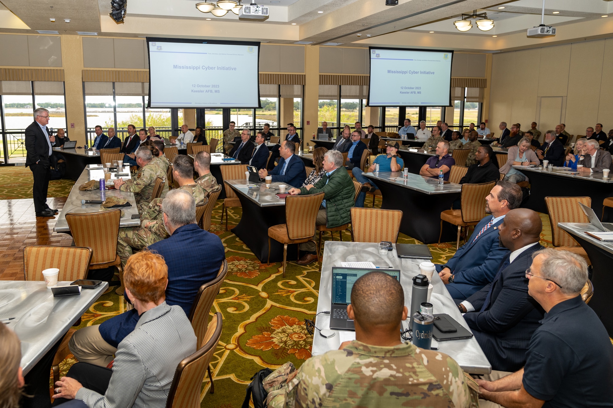 James Martin, Mississippi State University corporate engagement and economic development associate vice president, welcomes and gives opening remarks to attendees of the Mississippi Cyber Initiative Summit at Keesler Air Force Base, Mississippi, Oct. 12, 2023.