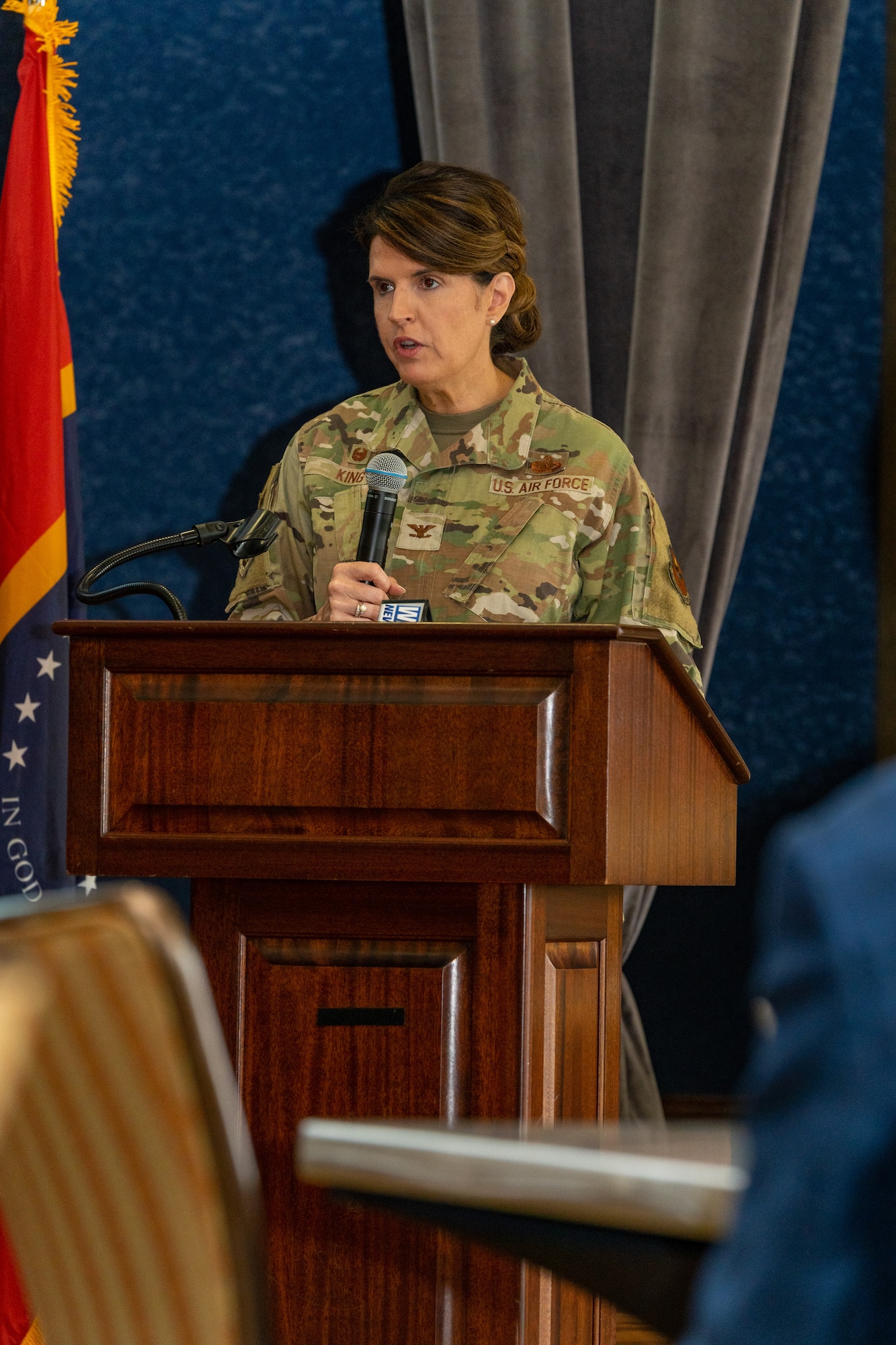 U.S. Air Force Col. Laura King, 81st Training Group commander, speaks to attendees of the Mississippi Cyber Initiative Summit at Keesler Air Force Base, Mississippi, Oct. 12, 2023.