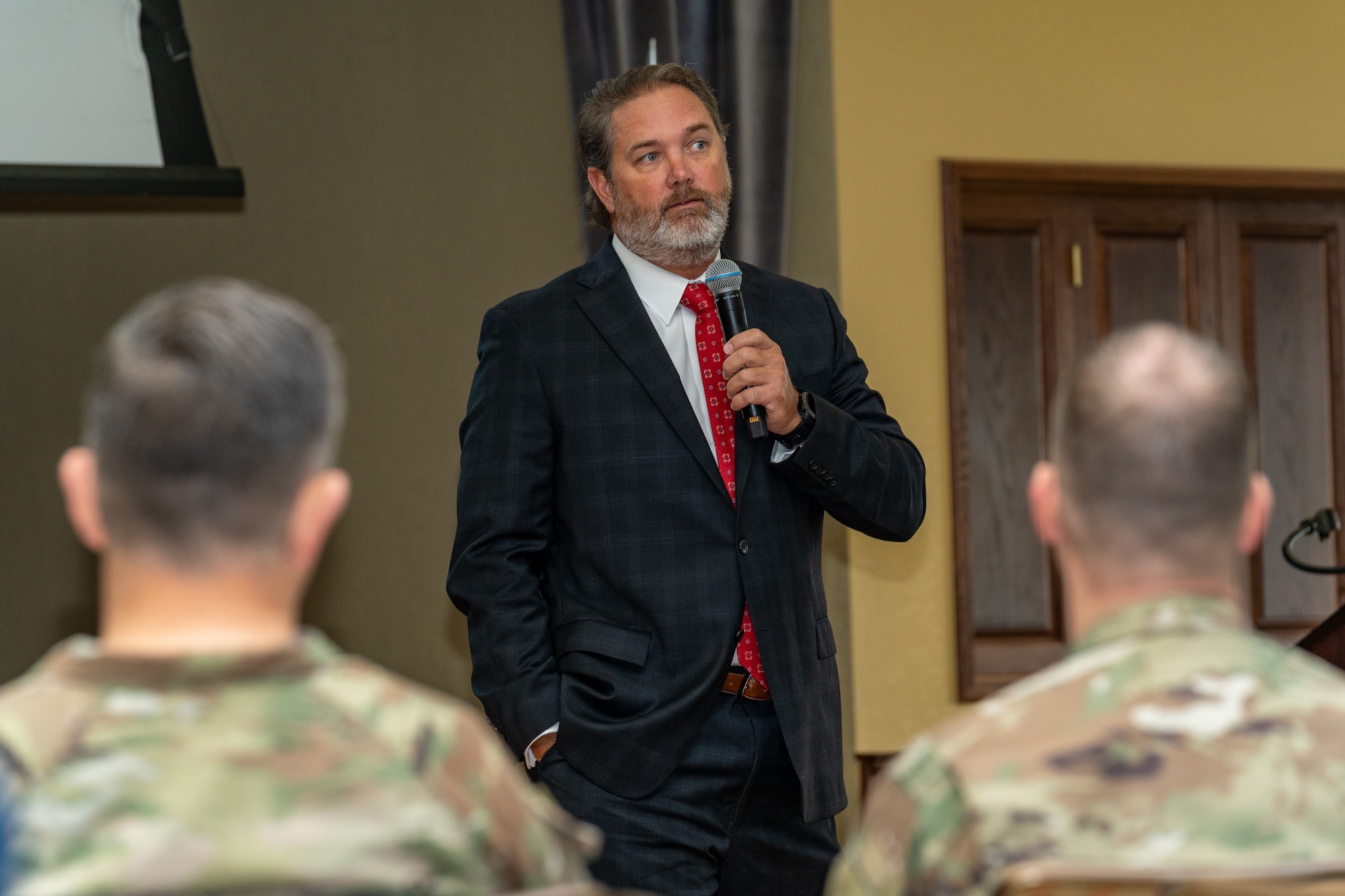 U.S. Sen. Scott Delano, Mississippi District 50, speaks to attendees of the Mississippi Cyber Initiative Summit at Keesler Air Force Base, Mississippi, Oct. 12, 2023.