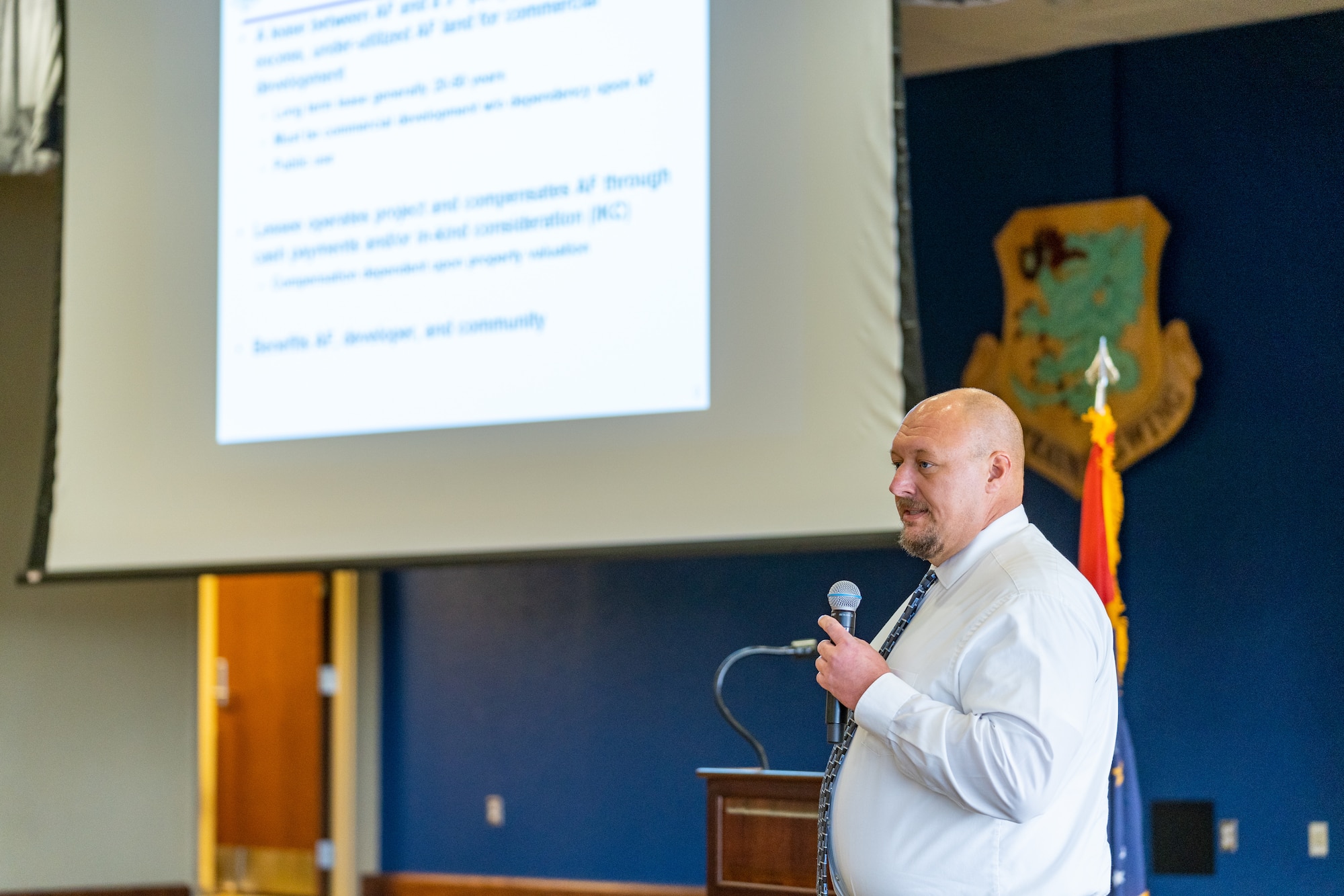 David Mairs, Air Force Civil Engineering Center project manager, speaks to attendees of the Mississippi Cyber Initiative Summit at Keesler Air Force Base, Mississippi, Oct. 12, 2023.