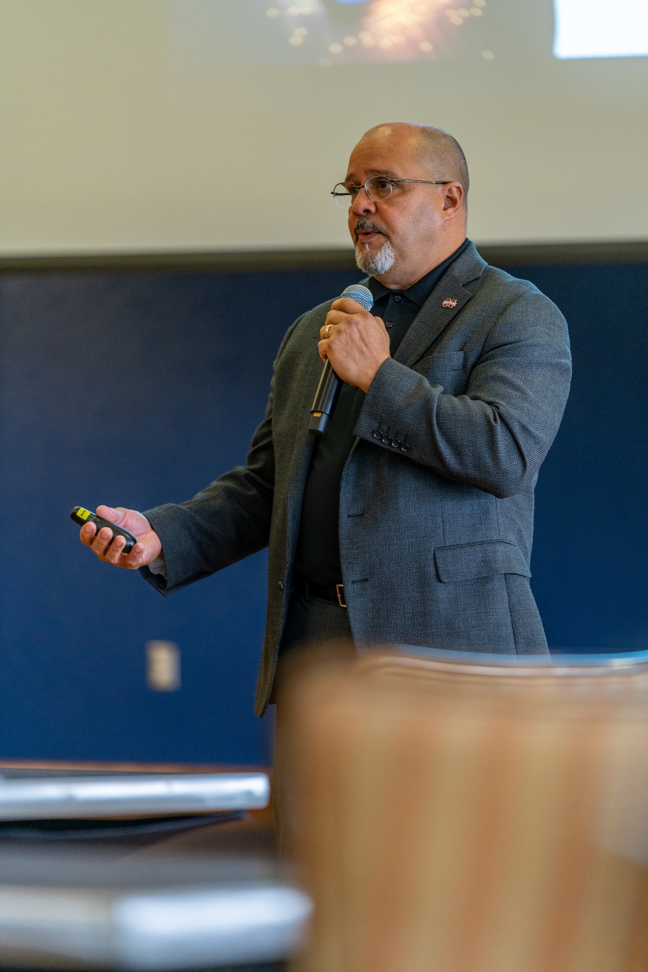 Mr. Martin Rivera, Mississippi State University, Mississippi Cyber Initiative tech manager, speaks to attendees of the Mississippi Cyber Initiative Summit at Keesler Air Force Base, Mississippi, Oct. 12, 2023.