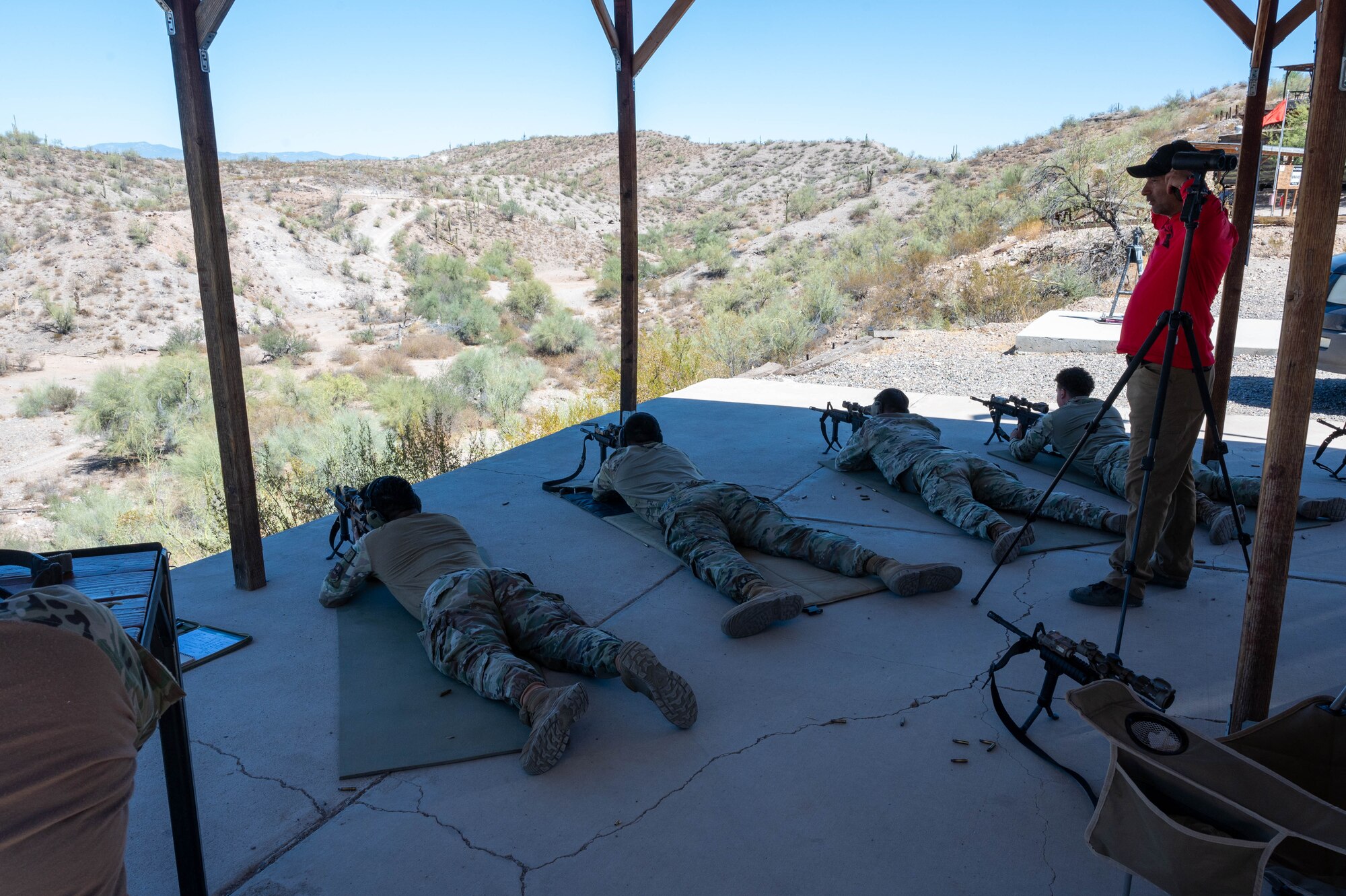 U.S. Air Force Airmen assigned to the 56th Security Forces Squadron conduct live-fire training, Sept. 29, 2023, at the GPS Defense Sniper School, Peoria, Arizona.
