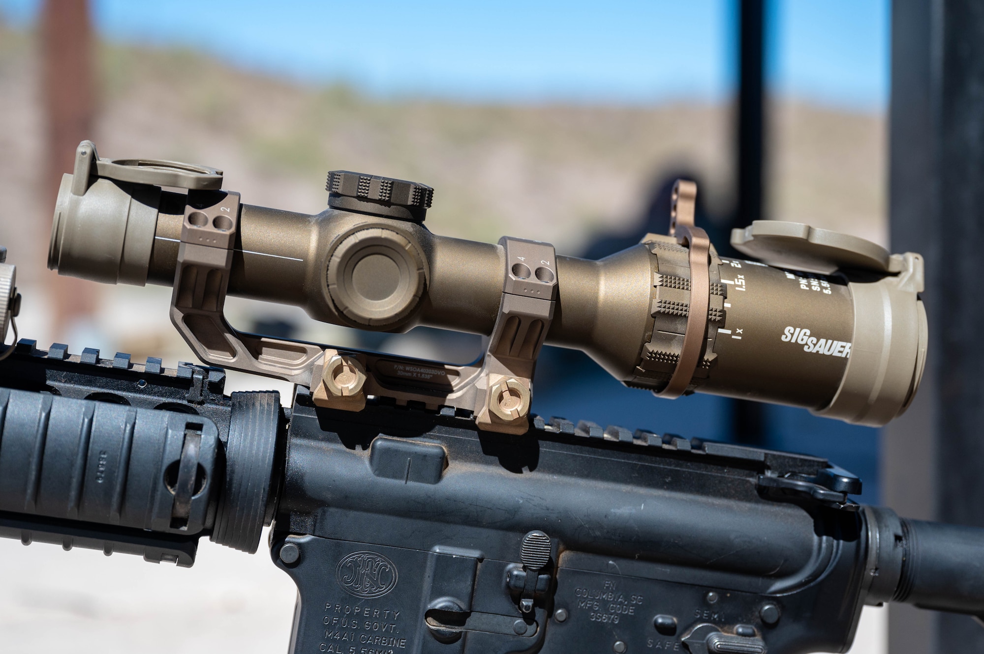 A TANGO6T rifle scope sits attached to an M4 carbine, Sept. 29, 2023, at the GPS Defense Sniper School, Peoria, Arizona.