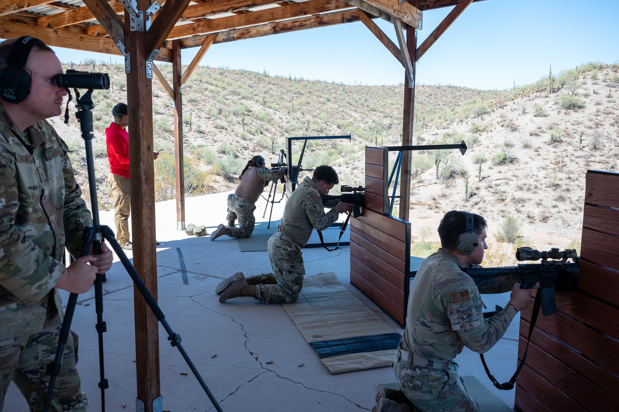 U.S. Air Force Airmen assigned to the 56th Security Forces Squadron conduct live-fire training, Sept. 29, 2023, at the GPS Defense Sniper School, Peoria, Arizona.