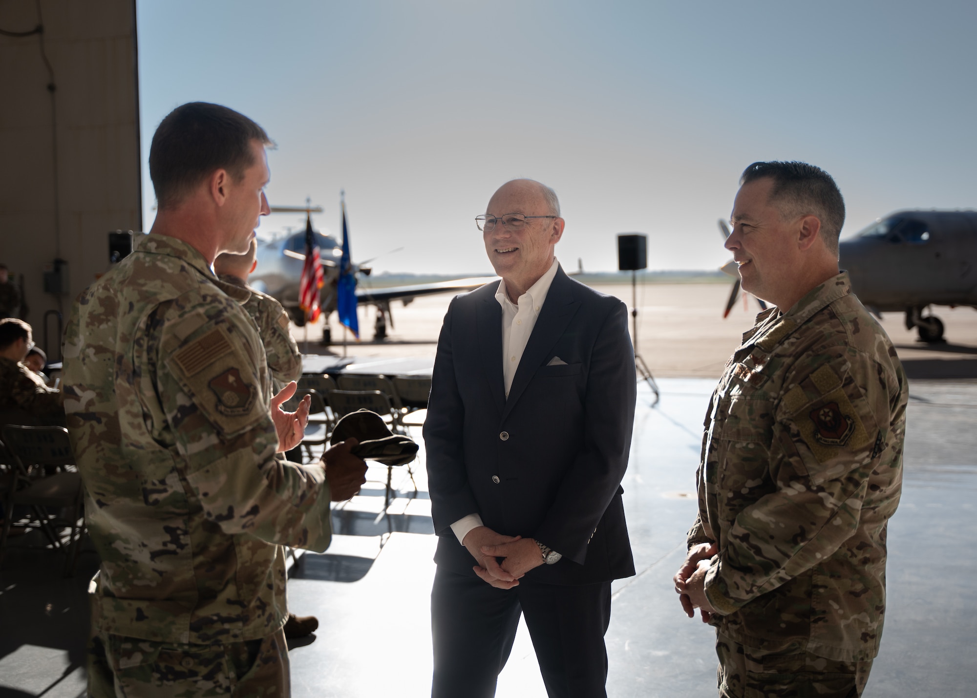 U.S. Air Force retired Maj. Gen. Michael Kingsley speaks with 27th Special Operations Wing leadership during his visit Oct. 5, 2023, at Cannon Air Force Base, N.M.