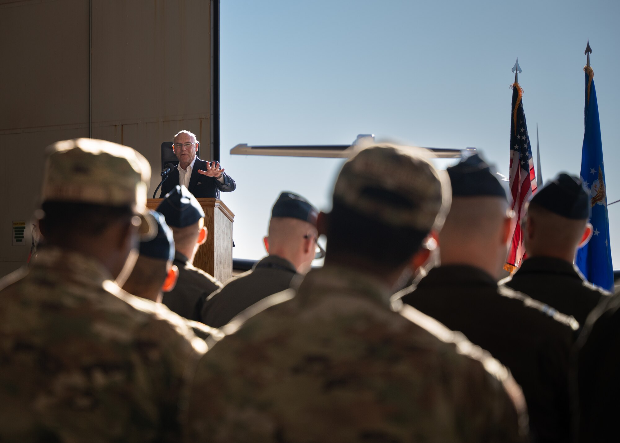 U.S. Air Force retired Maj. Gen. Michael Kingsley delivers an inspiring message during an all-call Oct. 5, 2023, at Cannon Air Force Base, N.M.