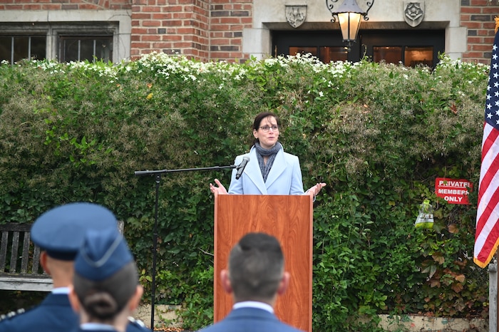 Katherine Baicker, Provost for the University of Chicago, speaks during the official activation ceremony of U.S. Air Force ROTC detachment 195 at the UChicago, Ill, Oct. 13, 2023. The partnership between the Department of the United States Air Force and the University of Chicago, will provide students from more than a dozen area schools a centralized home throughout the entirety of their training.