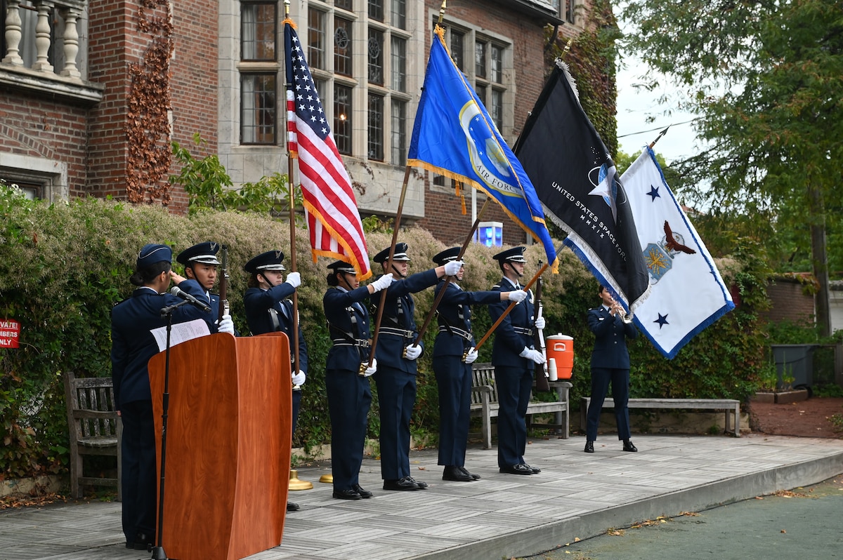 Cadets from Det 195, present the colors during an official activation ceremony of the detachment at the University of Chicago, Ill, Oct. 13, 2023. The partnership between the Department of the United States Air Force and the University of Chicago, will provide students from more than a dozen area schools a centralized home throughout the entirety of their training.