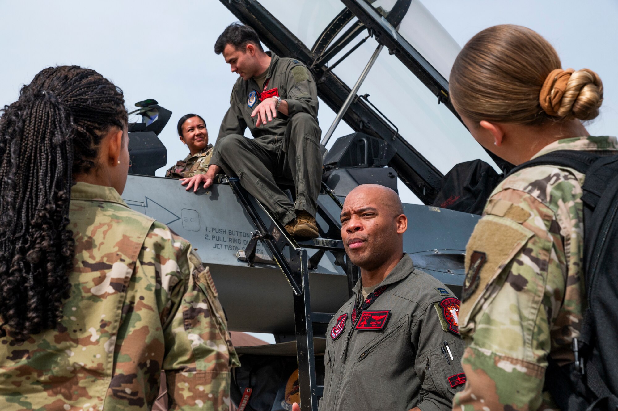 U.S. Air Force pilots assigned to the 36th Fighter Squadron showcase the F-16 Fighting Falcon during a tour at Osan Air Base, Republic of Korea, Oct. 6, 2023.