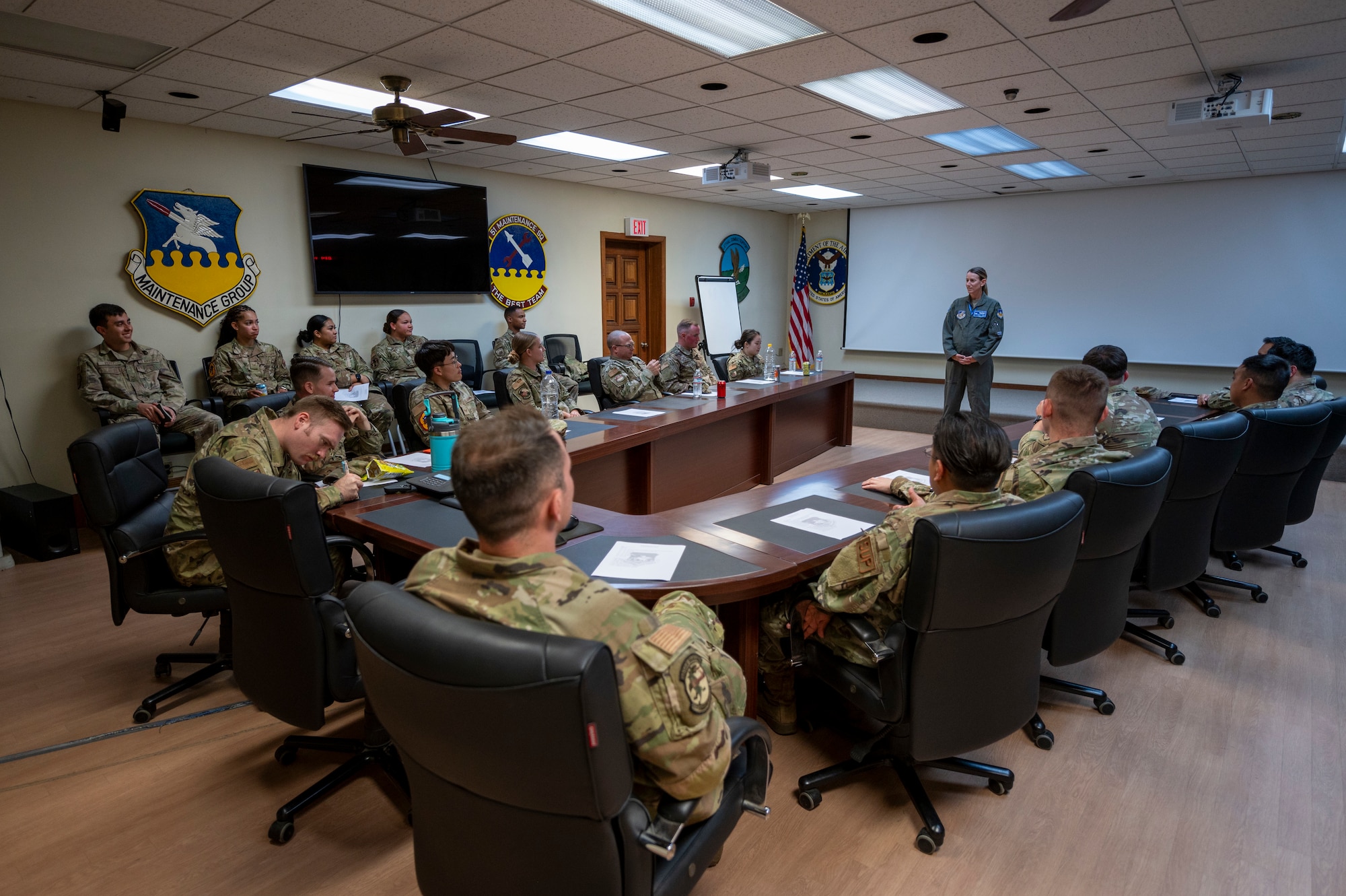 U.S. Air Force Lt. Col. Chandra Fleming, 51st Operations Support Squadron commander, speaks with Airmen during a Buddy Squadron tour at Osan Air Base, Republic of Korea, Oct. 6, 2023.