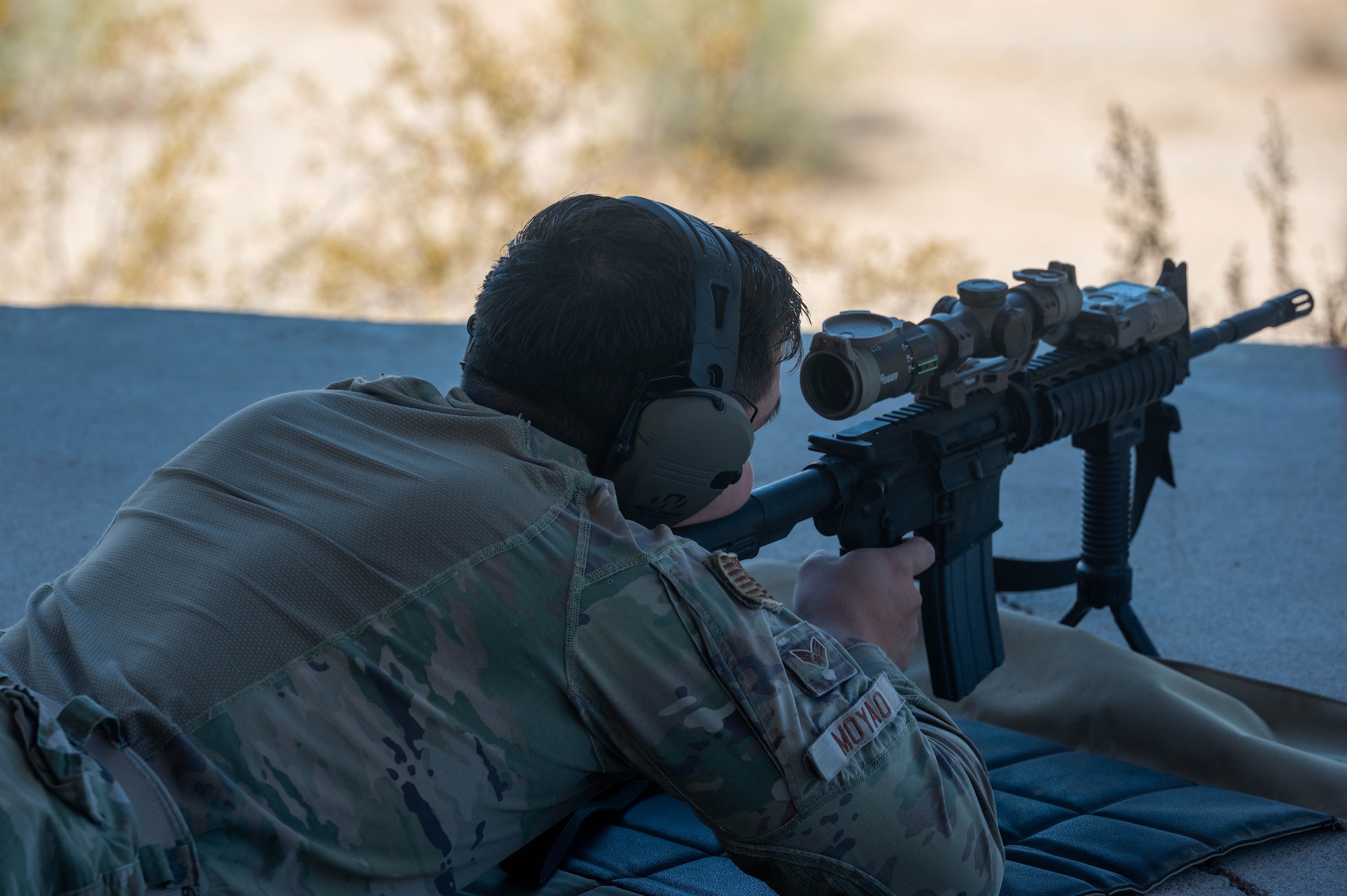 U.S. Air Force Senior Airman Joseph Moyao, 56th Security Forces Squadron security patrolman, engages in live-fire training, Sept. 29, 2023, at the GPS Defense Sniper School, Peoria, Arizona.