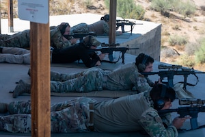 U.S. Air Force Airmen assigned to the 56th Security Forces Squadron conduct live-fire training, Sept. 29, 2023, at the GPS Defense Sniper School, Peoria, Arizona.