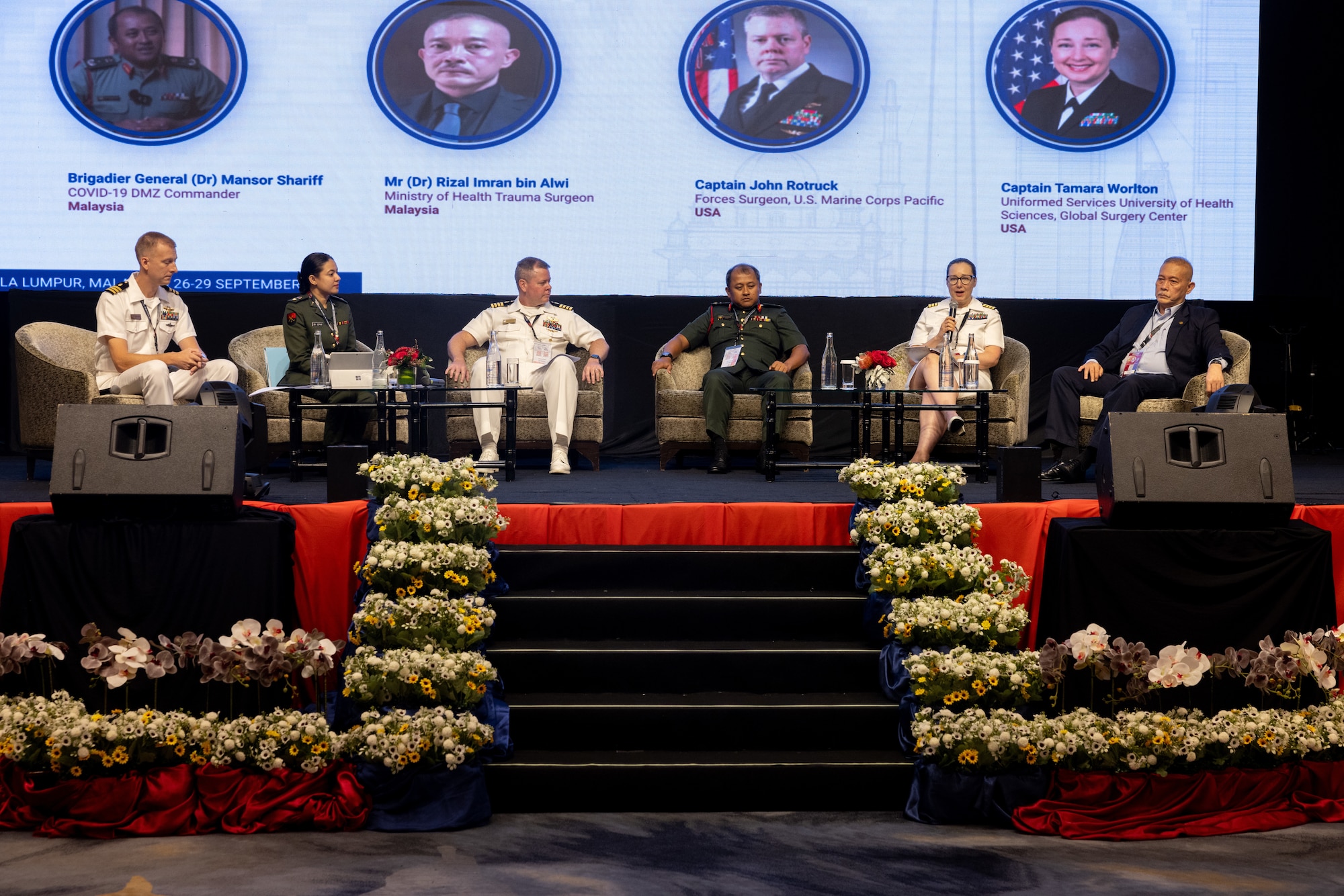 Panelists representing Malaysia, Australia, the United States of America, and Singapore, discuss "Fostering and integrating Future Healthcare Innovation" during Indo-Pacific Military Health Exchange 2023 in Kuala Lumpur, Malaysia, September 28, 2023. I