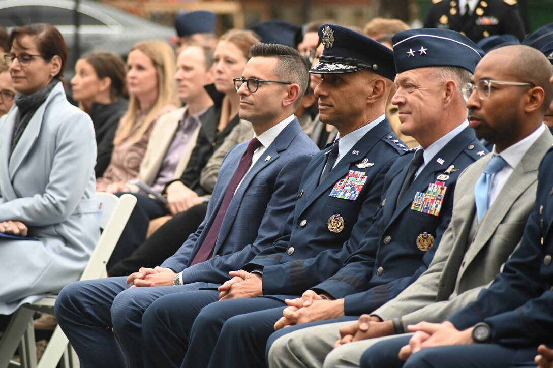 The Honorable Alex Wagner, Assistant Secretary of the Air Force for Manpower and Reserve Affairs, U.S. Air Force Lt. Gen. Brian S. Robinson, commander of Air Education and Training Command and other regional AETC leadership attend an official activation ceremony of detachment 195 at the University of Chicago, Ill, Oct. 13, 2023. The partnership between the Department of the United States Air Force and the University of Chicago, will provide students from more than a dozen area schools a centralized home throughout the entirety of their training.