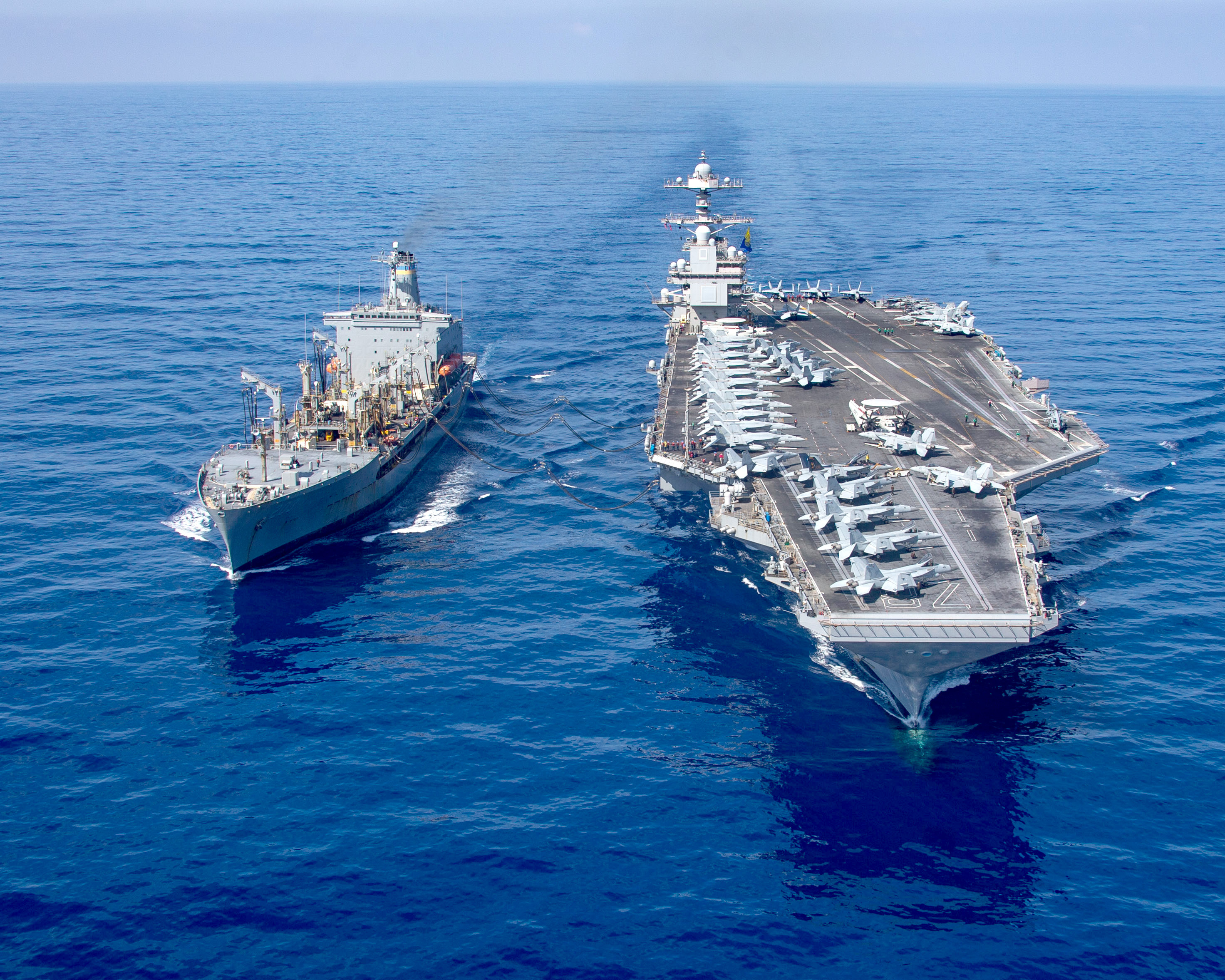 USS Gerald R. Ford (CVN 78) refuels from USNS Laramie (T-AO 203) in the eastern Mediterranean Sea.