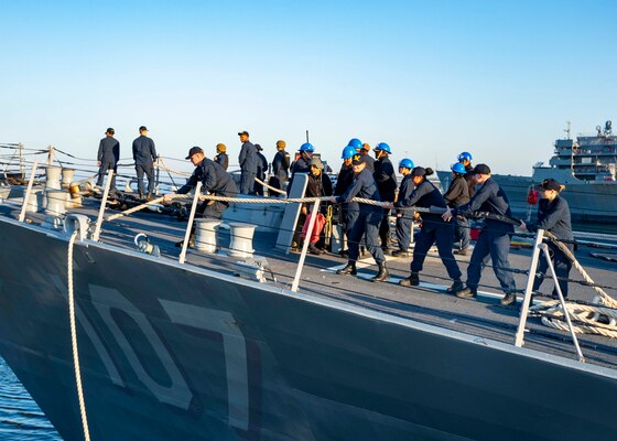 NORFOLK, Va. -  The Arleigh Burke-class guided-missile destroyer USS Gravely (DDG 107) departs Naval Station Norfolk for a scheduled deployment, Oct. 13, 2023. Gravely is deploying as part of the Dwight D. Eisenhower Carrier Strike Group. (U.S. Navy photo by Mass Communication Specialist 1st Class Ryan Seelbach)