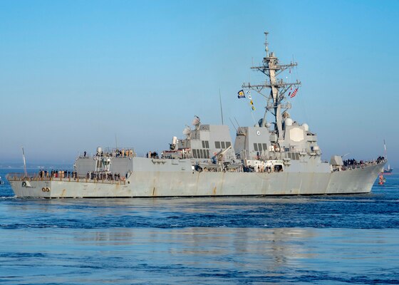 NORFOLK, Va. -  The Arleigh Burke-class guided-missile destroyer USS Gravely (DDG 107) departs Naval Station Norfolk for a scheduled deployment, Oct. 13, 2023. Gravely is deploying as part of the Dwight D. Eisenhower Carrier Strike Group. (U.S. Navy photo by Mass Communication Specialist 1st Class Ryan Seelbach)