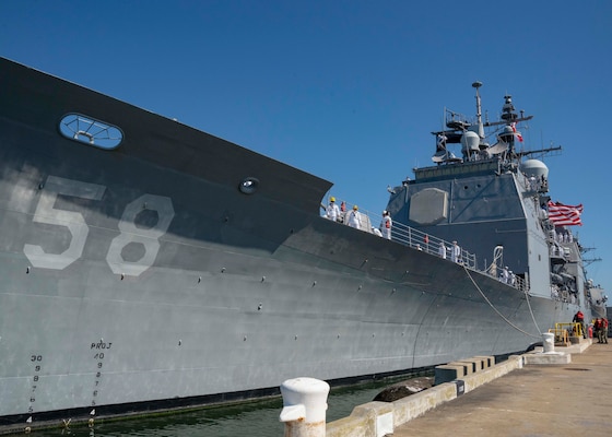 NORFOLK, Va. -  The Ticonderoga-class guided-missile cruiser USS Philippine Sea (CG 58) departs Naval Station Norfolk for a scheduled deployment, Oct. 13, 2023. Philippine Sea is deploying as part of the Dwight D. Eisenhower Carrier Strike Group. (U.S. Navy photo by Mass Communication Specialist 1st Class Ryan Seelbach)