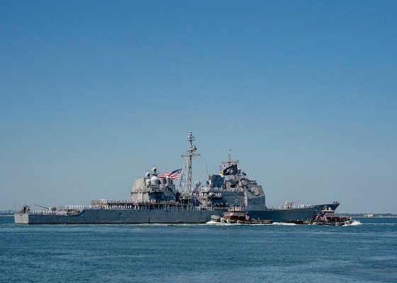 NORFOLK, Va. -  The Ticonderoga-class guided-missile cruiser USS Philippine Sea (CG 58) departs Naval Station Norfolk for a scheduled deployment, Oct. 13, 2023. Philippine Sea is deploying as part of the Dwight D. Eisenhower Carrier Strike Group. (U.S. Navy photo by Mass Communication Specialist 1st Class Ryan Seelbach)