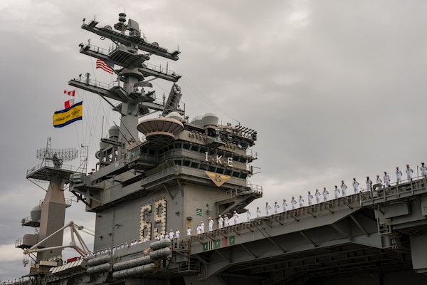 NORFOLK, Va. - The Nimitz-class aircraft carrier USS Dwight D. Eisenhower (CVN 69) (Ike) deploys from Naval Station Norfolk, Oct. 14, 2023. The Ike Carrier Strike Group will conduct a regularly scheduled deployment to the U.S. European Command area of responsibility in support of enhanced vigilance activites and operations with NATO Allies and partners. (U.S. Navy photo by Mass Communication Specialist 2nd Class Anderson W. Branch)